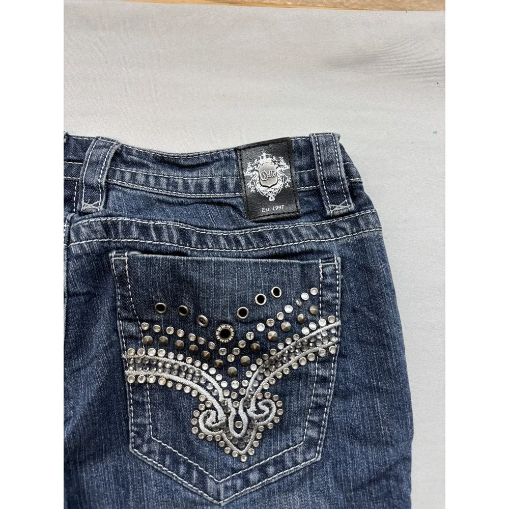 Cello Jeans Womens 10 Medium Wash Distressed Embellished Flare Denim Jeans Blue